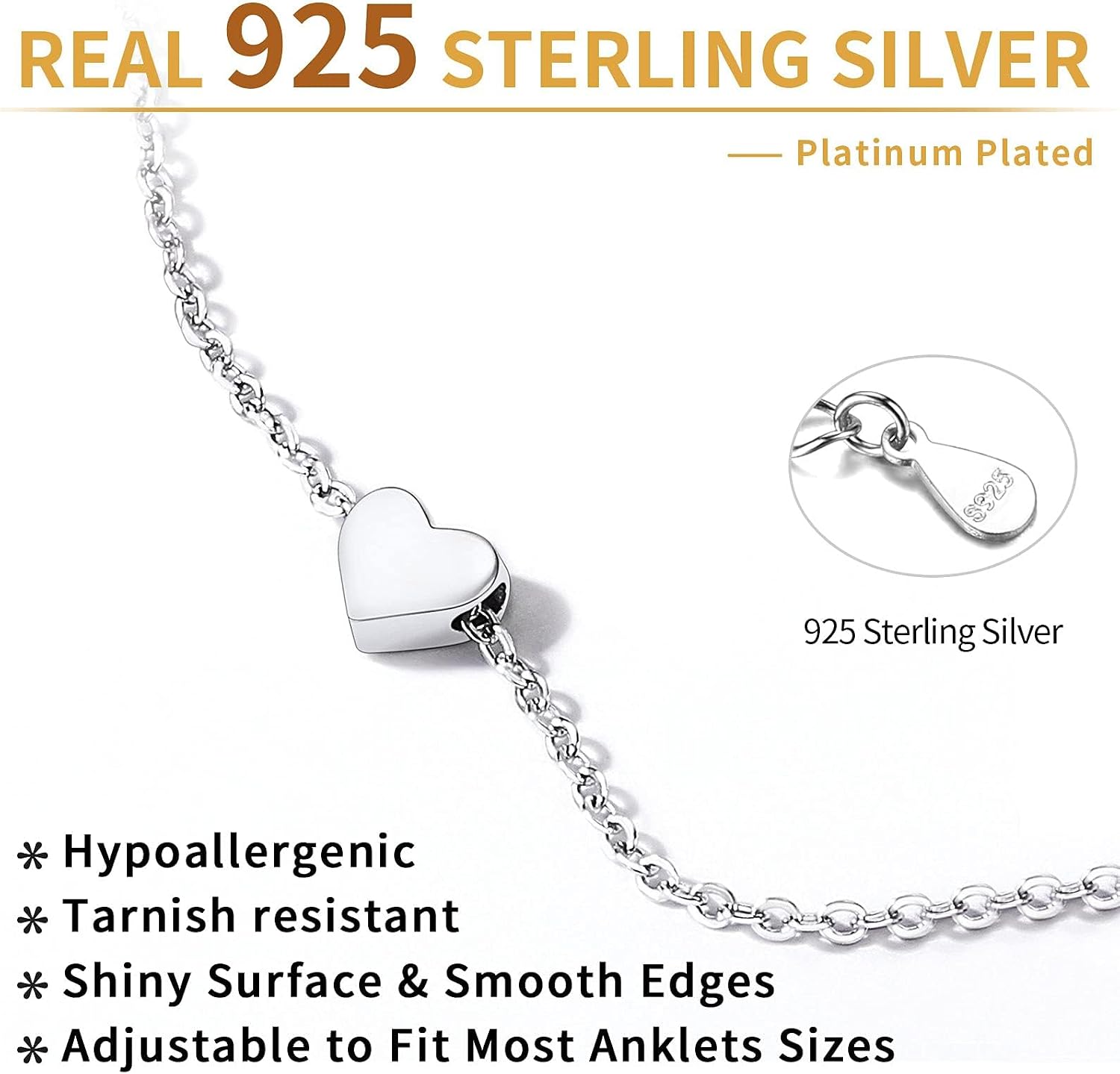 ChicSilver Personalized 925 Sterling Silver Tiny Heart/Moon/Star/Sun/Dot/Triangle Anklets Simple Dainty Foot Jewelry for Women, Silver/Gold Plated/Rose Gold Plated
