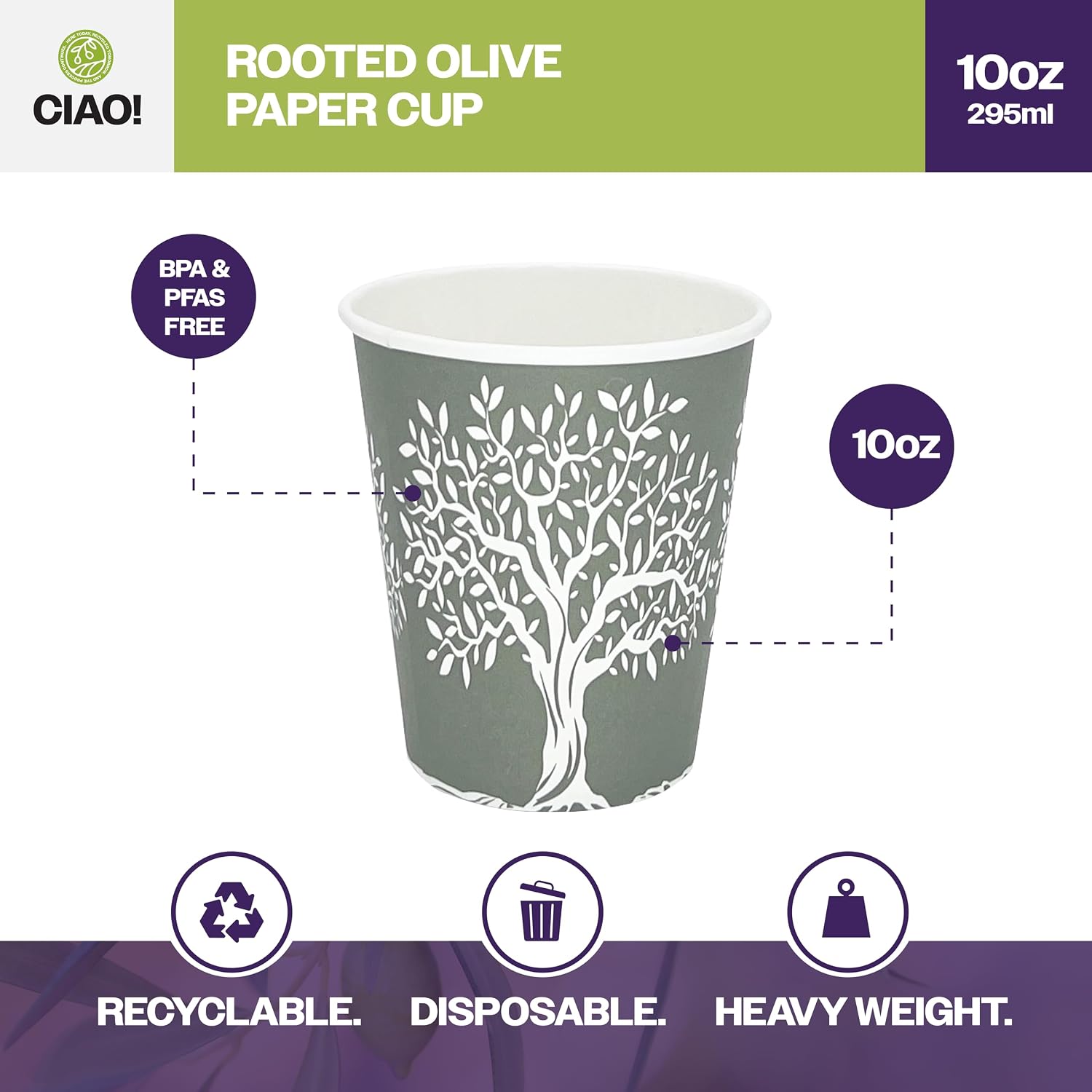 CIAO! 10oz Paper Hot Cup, Rooted Olive Print, (Case of 1,000)