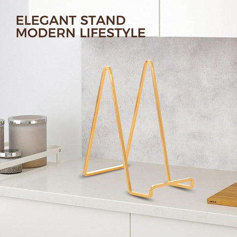 Large Plate Holder Display Stand - 10 inch Tall Plate Stands for Display - Metal Picture Frame Stand - Big Tabletop Easel Stand for Decorative Plates | Platter | Book | Plaque | Tile - 3 Pack - Gold