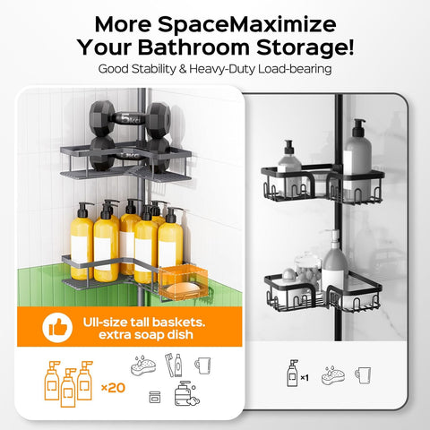HAMITOR Corner Shower Caddy, 4-Tier Shampoo Shelf Tension Pole, 47-123 inch