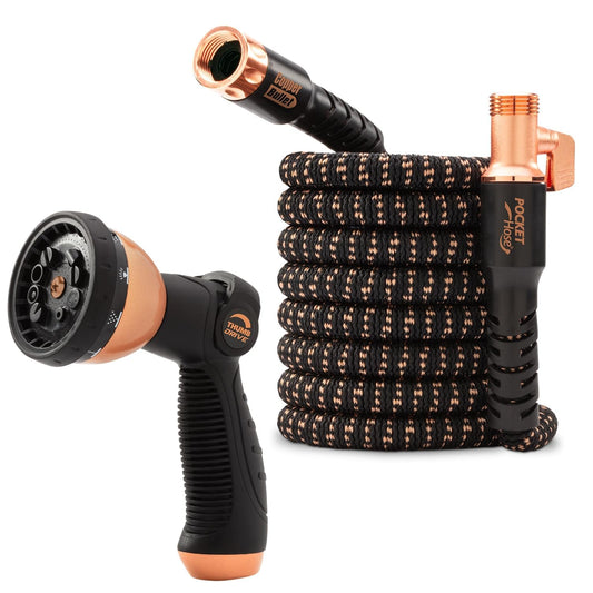 Pocket Hose Copper Bullet Expandable Garden Hose w/10 Pattern Thumb Spray Nozzle AS-SEEN-ON-TV 50 FT 650psi 3/4 in Patented Lead-Free Ultra-Lightweight Solid Copper Anodized Aluminum Fittings No-Kink