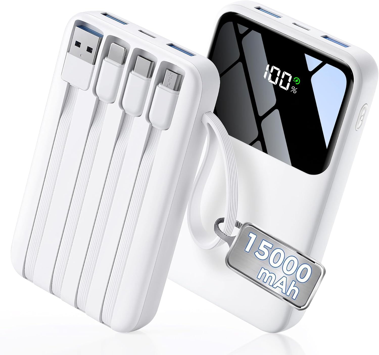 15000mAh Portable Charger Power Bank, Smaller Built-in 4 Cables White