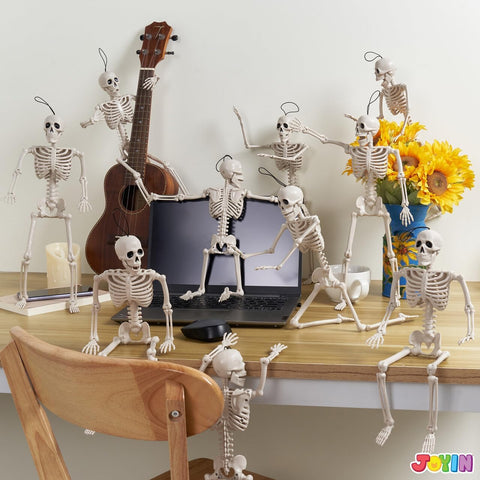 JOYIN 5 PCS Posable Halloween Skeleton Decor 16 Inches, Full Body Posable Joints Hanging Skeletons for Halloween Decorations, Graveyard Props, Haunted House Accessories, Spooky Scene Party Favors