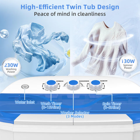 VCJ Portable Washing Machine, Twin Tub Washing Machine Laundry Compact Washer spinner Combo with 14lbs capacity, 9Lbs Washer and 5Lbs Spinner dryer for Apartments RVs and Dorms