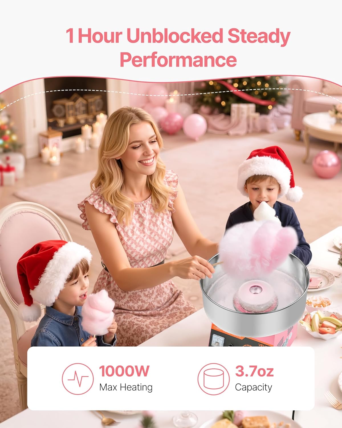 VEVOR Cotton Candy Machine Commercial, 1000W Electric Candy Floss Maker, Easy Use with 15 inch Stainless Steel Bowl and Sugar Scoop, Makes Hard Candy for Home Kids Birthday, Family Party, Pink