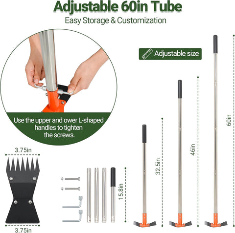 2-in-1 Garden Hoe and Weed Puller Rake 60 Inch Spring Steel Head