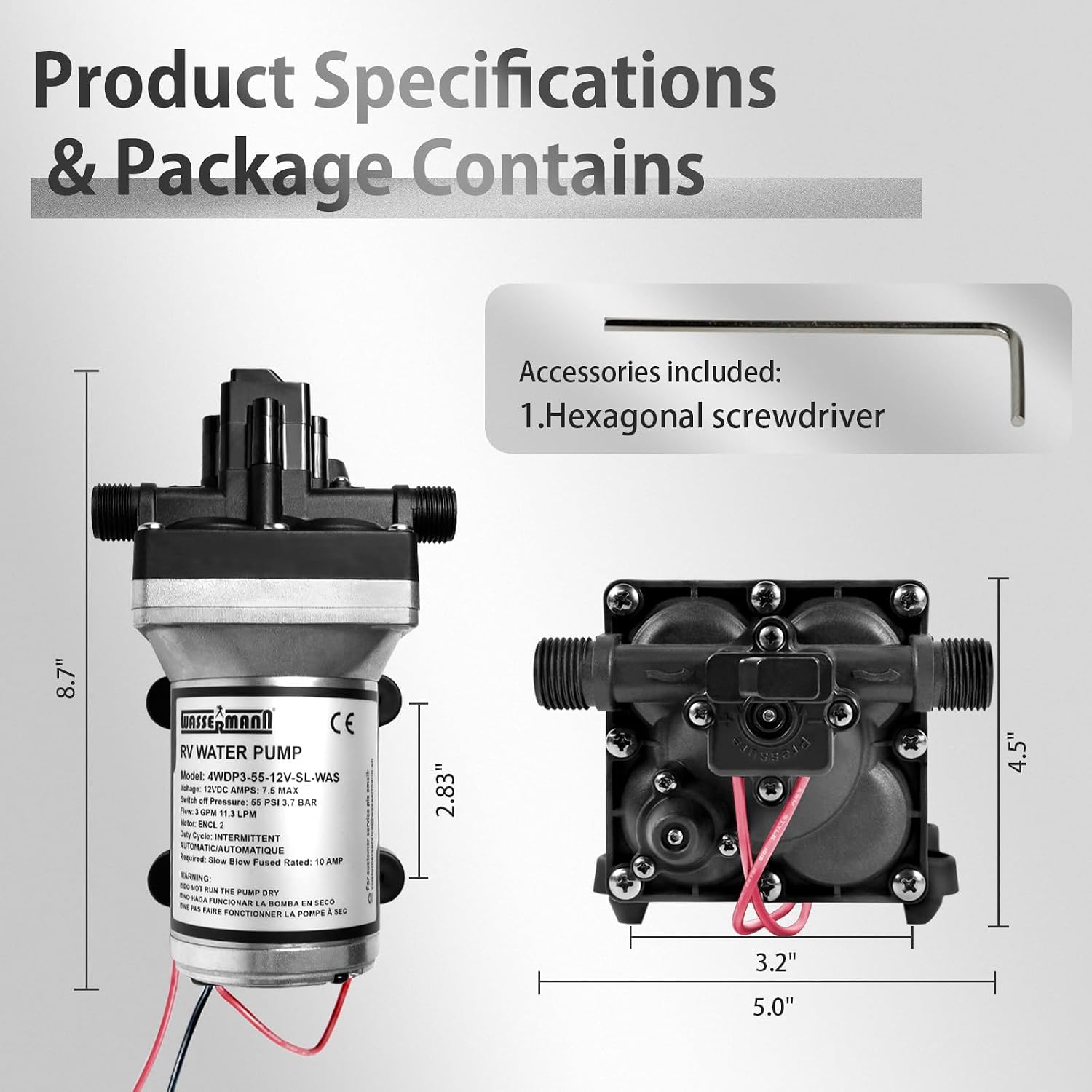 WASSERMANN RV Water Pump 12V DC 4008-101-A65/E65 Replacement, 3.0 GPM 55PSI, Quiet Pump with Pressure Switch for Camper RV Shower Garden Industrial Yacht Sprayer Food Truck Travel Trailer Water Pumps