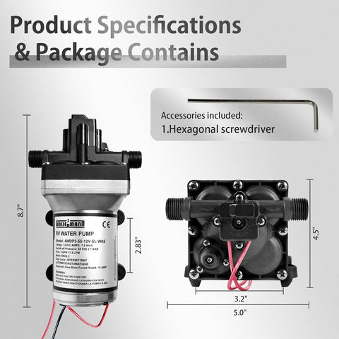 WASSERMANN RV Water Pump 12V DC 4008-101-A65/E65 Replacement, 3.0 GPM 55PSI, Quiet Pump with Pressure Switch for Camper RV Shower Garden Industrial Yacht Sprayer Food Truck Travel Trailer Water Pumps