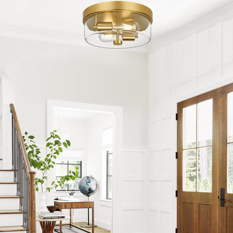 szzgco Flush Mount Ceiling Light Fixtures, 2-Light Gold Ceiling Mount for Farmhouse with Clear Glass Lampshade, Industrial Flush Mount Light Fixture Farmhouse for Hallway, Kitchen, Entryway and Foyer