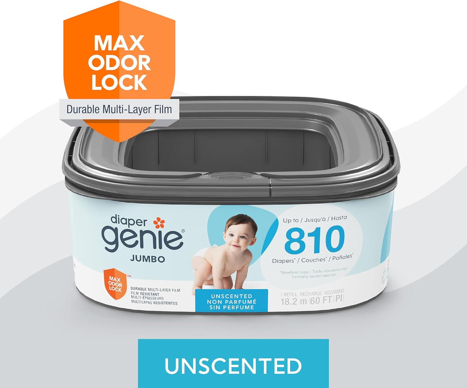 Diaper Genie Refill, Jumbo Square | Continuous Film | Holds 810 Newborn Diapers | Pack of 4