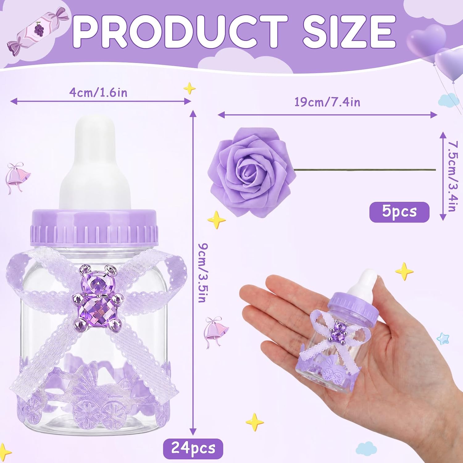 24Pcs Baby Bottle Candy Boxes 3.5"+ 5 Artificial Roses Baby Shower Favors