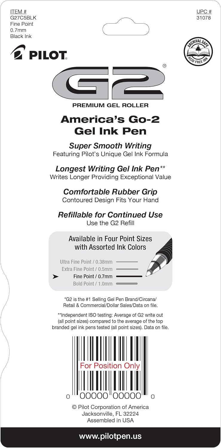 PILOT G2 Pens, 0.7mm, Black Ink, 5-Pack