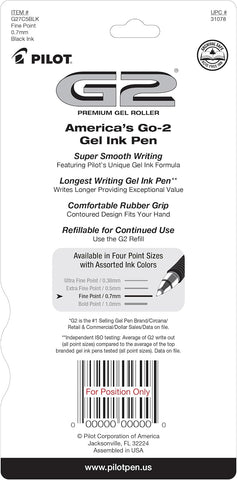 PILOT G2 Pens, 0.7mm, Black Ink, 5-Pack