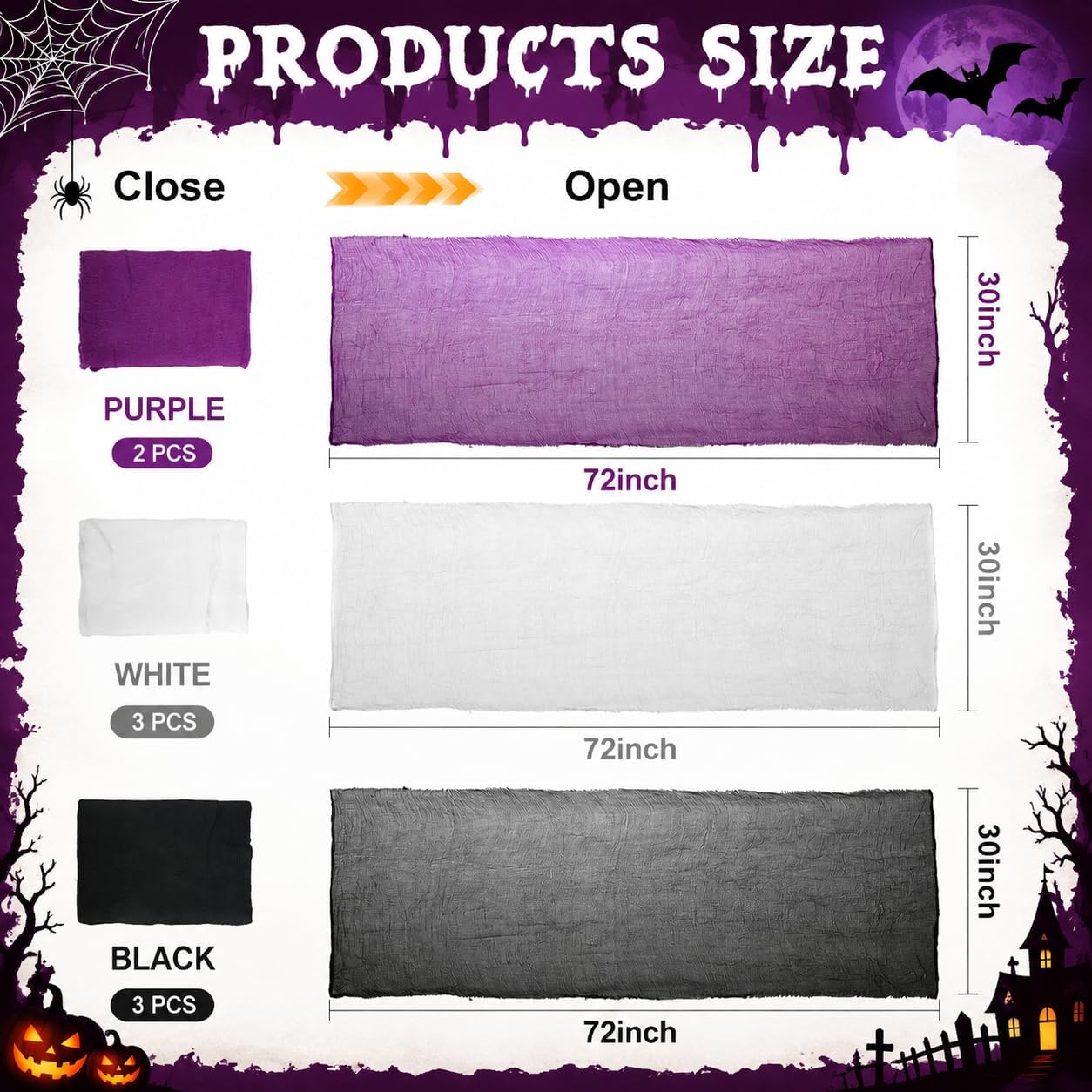 AHEONLAR 8 Pack Halloween Creepy Cloth 30x72 Inch Spooky Fabric Cloth Indoor Outdoor Halloween Decorations for Party Supplies, Home Wall, Doorway, Yard (3 Black, 3 White, 2 Purple)