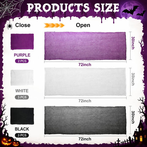 AHEONLAR 8 Pack Halloween Creepy Cloth 30x72 Inch Spooky Fabric Cloth Indoor Outdoor Halloween Decorations for Party Supplies, Home Wall, Doorway, Yard (3 Black, 3 White, 2 Purple)