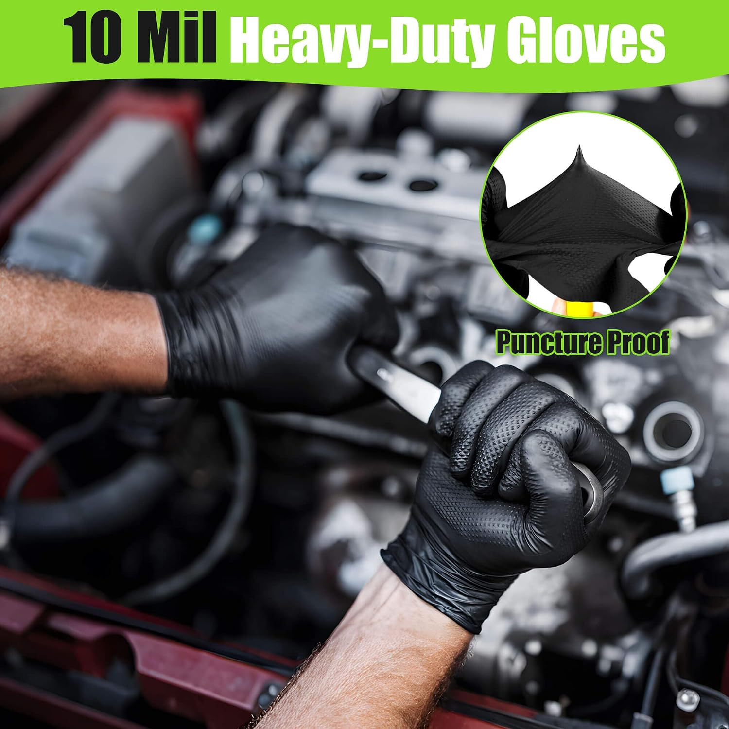 TREEGO 10 Mil Heavy Duty Black Nitrile Mechanic Gloves, 50 Count L