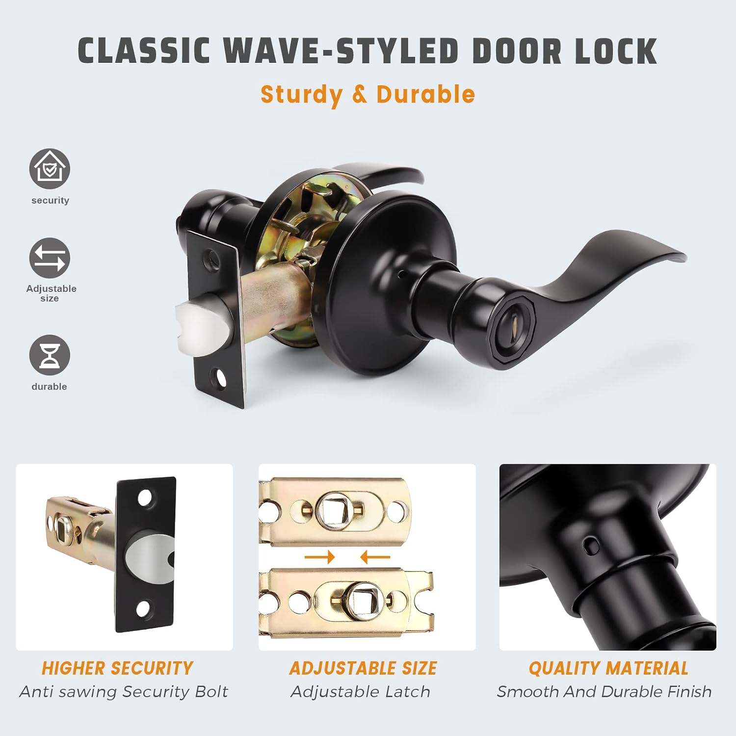 KNOBWELL 2 Pack Matte Black Door Lever Privacy Door Knobs, Black Interior Door Handles for Bathroom/Bedroom, Wave Style Reversible for Right/Left