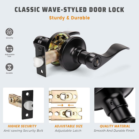 KNOBWELL 2 Pack Matte Black Door Lever Privacy Door Knobs, Black Interior Door Handles for Bathroom/Bedroom, Wave Style Reversible for Right/Left