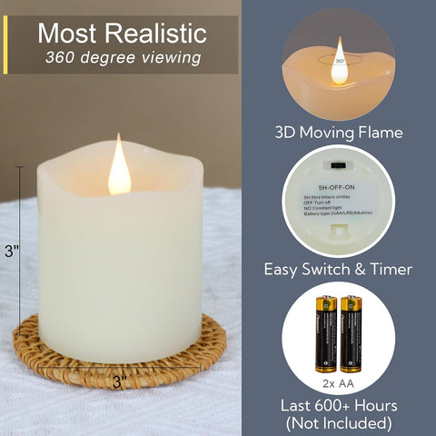 TECHLONG Flameless Candles Battery Operated with Timer, 3D Moving Flame Flickering, Last 600+ Hours Battery Candles, 3" x 3" Ivory Real Wax Electric LED Candle for Wedding Party Decorations