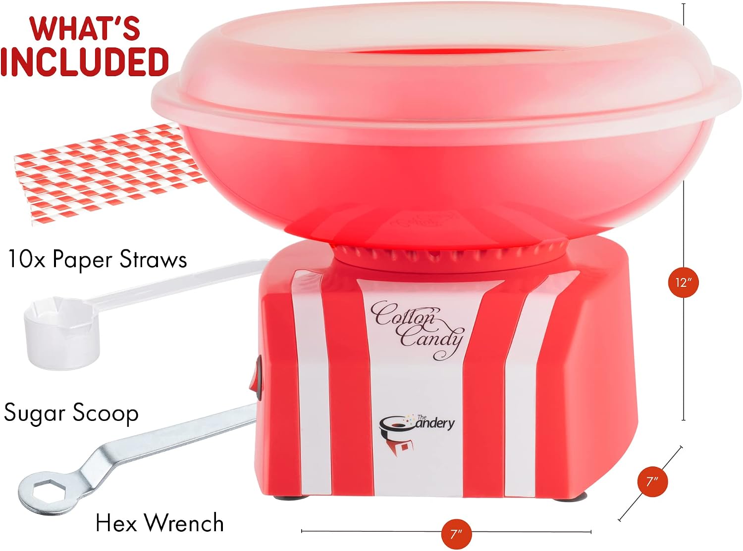 The Candery Cotton Candy Machine - Bright, Colorful Style- Makes Hard and Sugar Free Candy, Sugar Floss, Homemade Sweets for Birthday Parties - Includes 10 Cones & Scooper