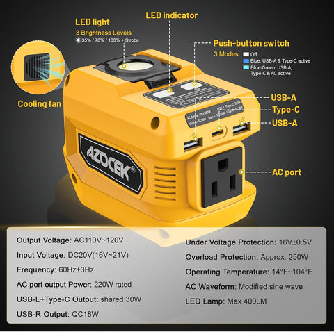 Azocek 220W Power Inverter Compatible with Dewalt 20V Battery