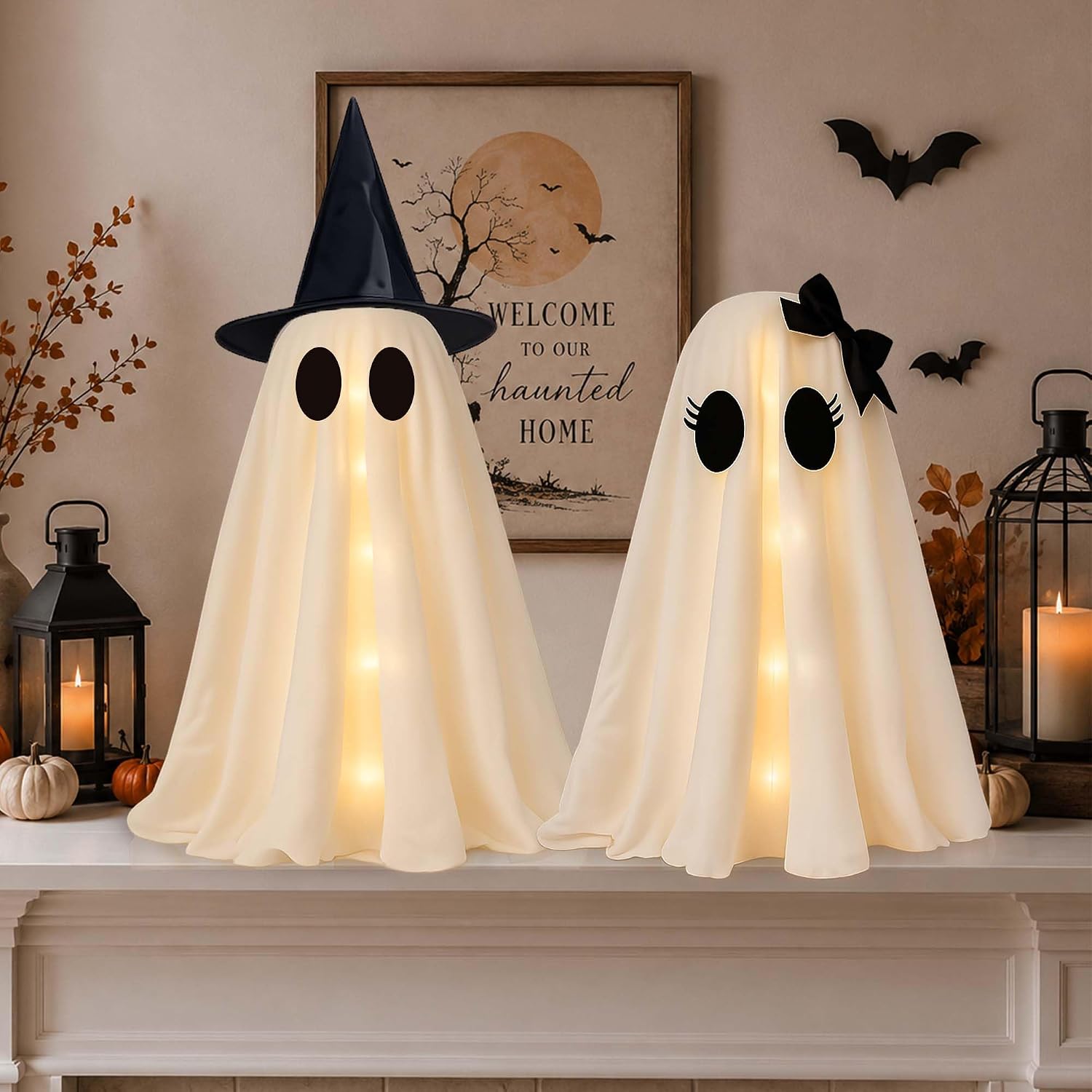 2 Pack 24 Inch Halloween Ghost Decorations, Light Up Ghosts with Witch Hats, DIY Spooky Ghost Decor with LED Lights for Porch Yard Lawn Garden Home Halloween Party
