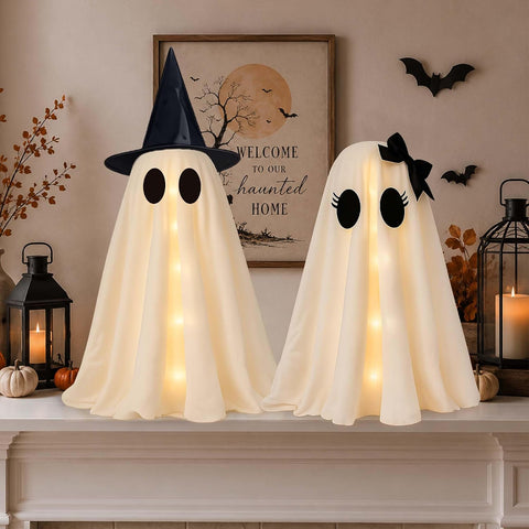 2 Pack 24 Inch Halloween Ghost Decorations, Light Up Ghosts with Witch Hats, DIY Spooky Ghost Decor with LED Lights for Porch Yard Lawn Garden Home Halloween Party