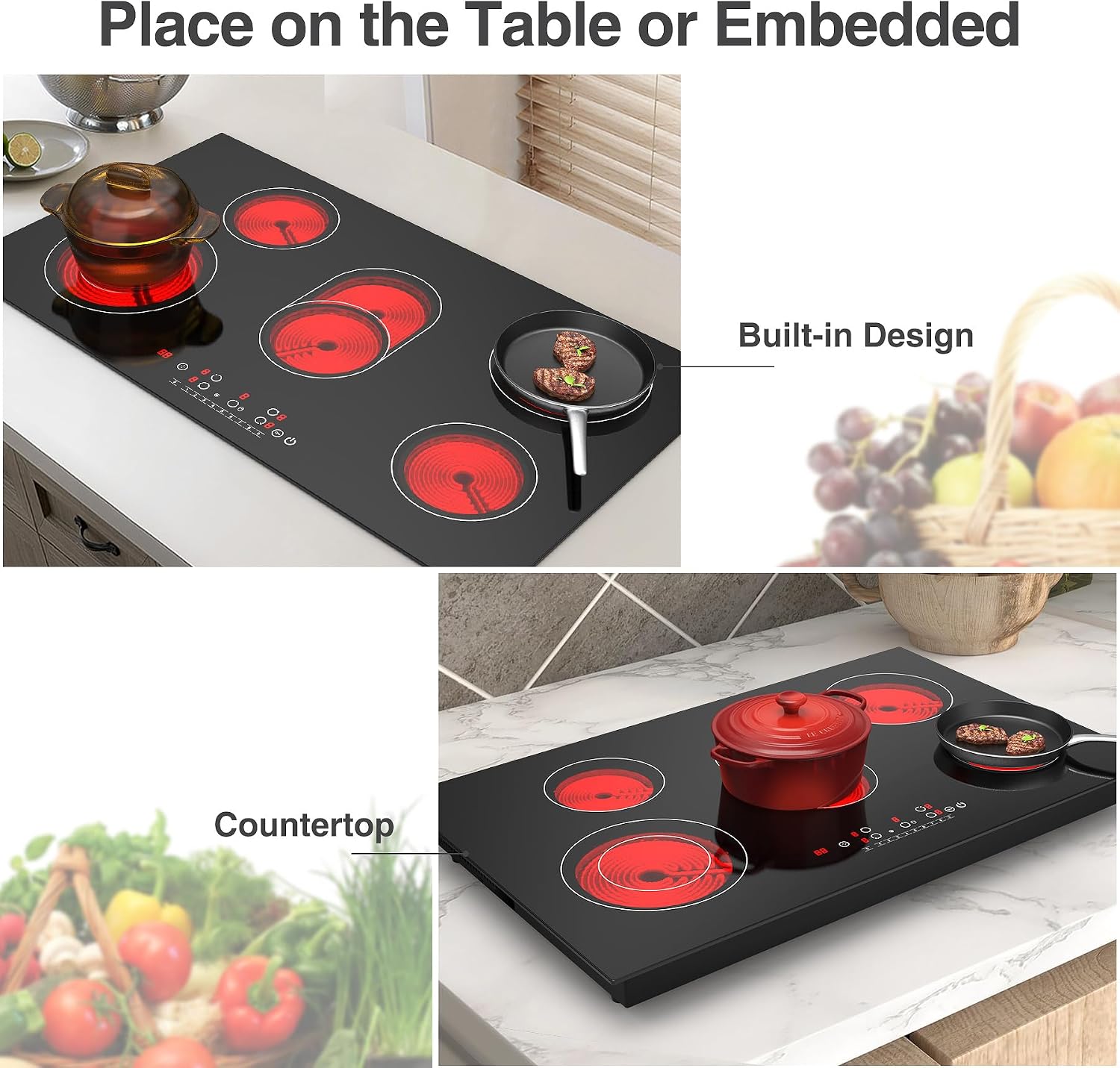 VBGK Electric cooktop 36 inch,Electric Stove burner,Built-in and Countertop Stove Top, LED Touch Screen,9 Heating Level, Timer & Kid Safety Lock, Touch Control,240V 8600W Cooktop