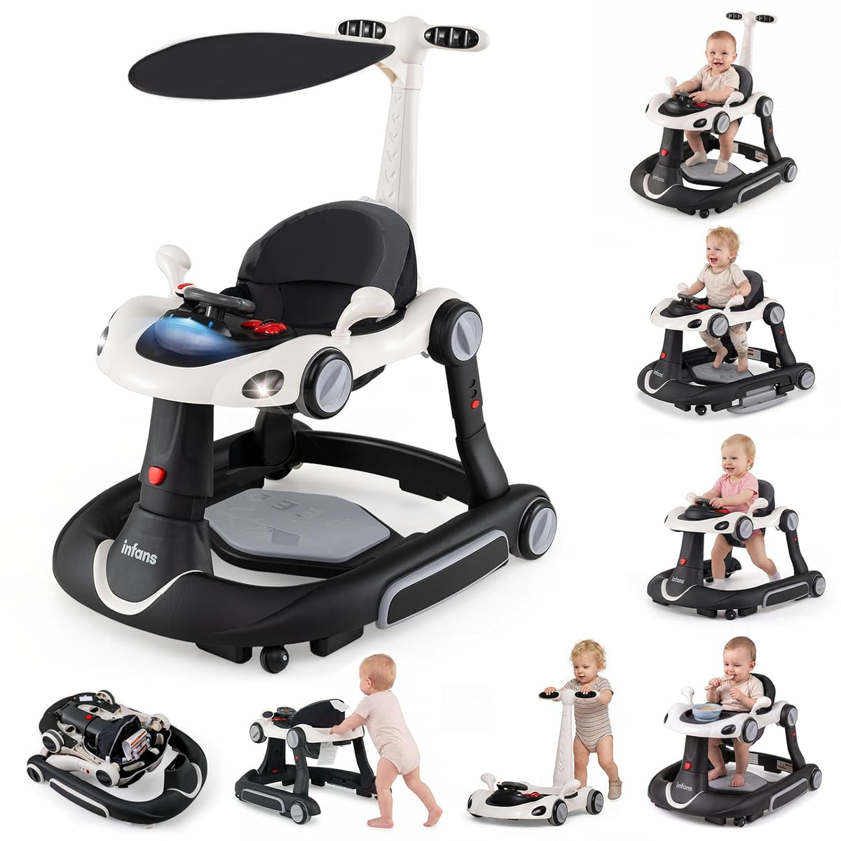 INFANS 9-in-1 Foldable Baby Walker with Handle, Sun Canopy, Dark