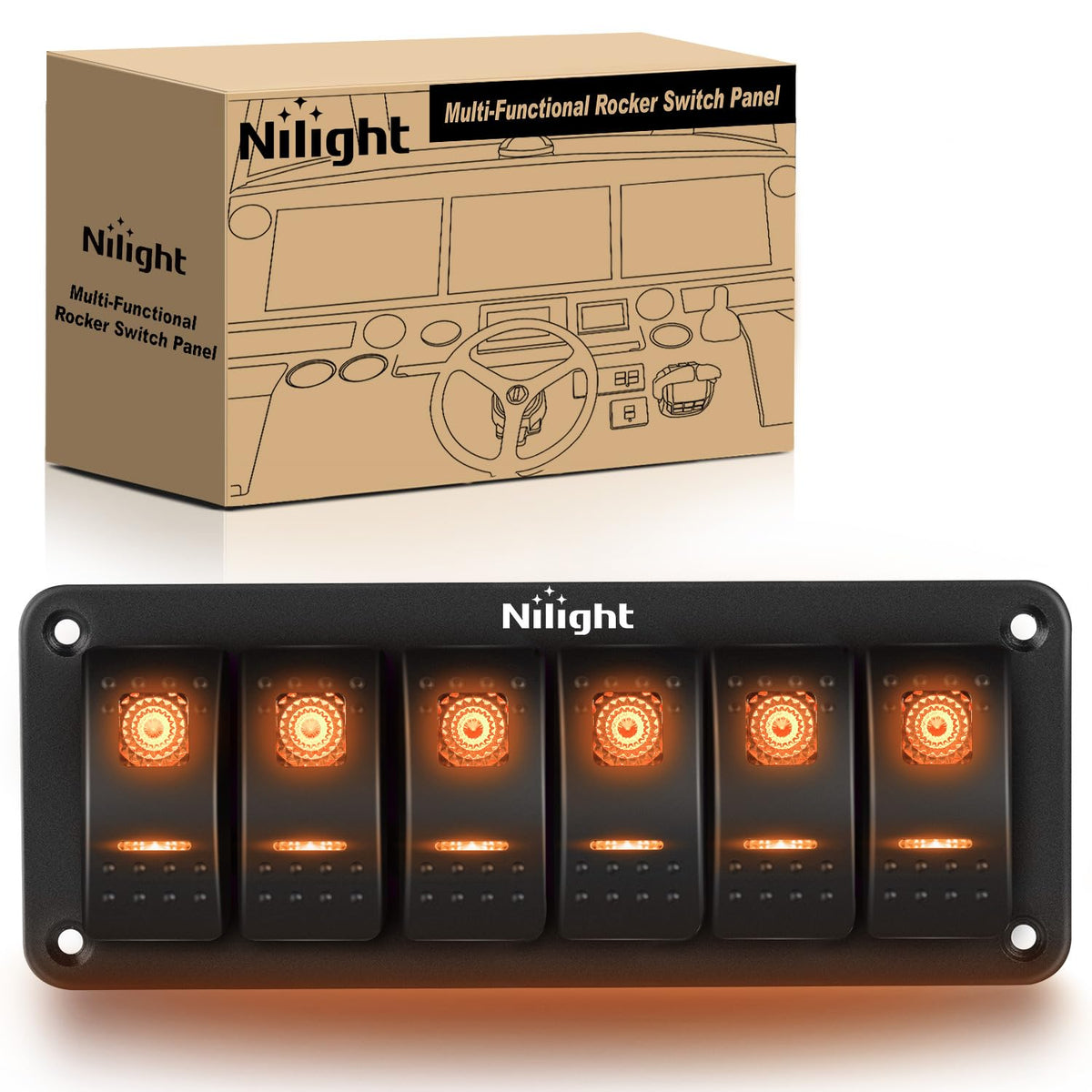 Nilight 6 Gang Rocker Switch Panel w/Orange LED Light 5Pin ON Off Pre-Wired