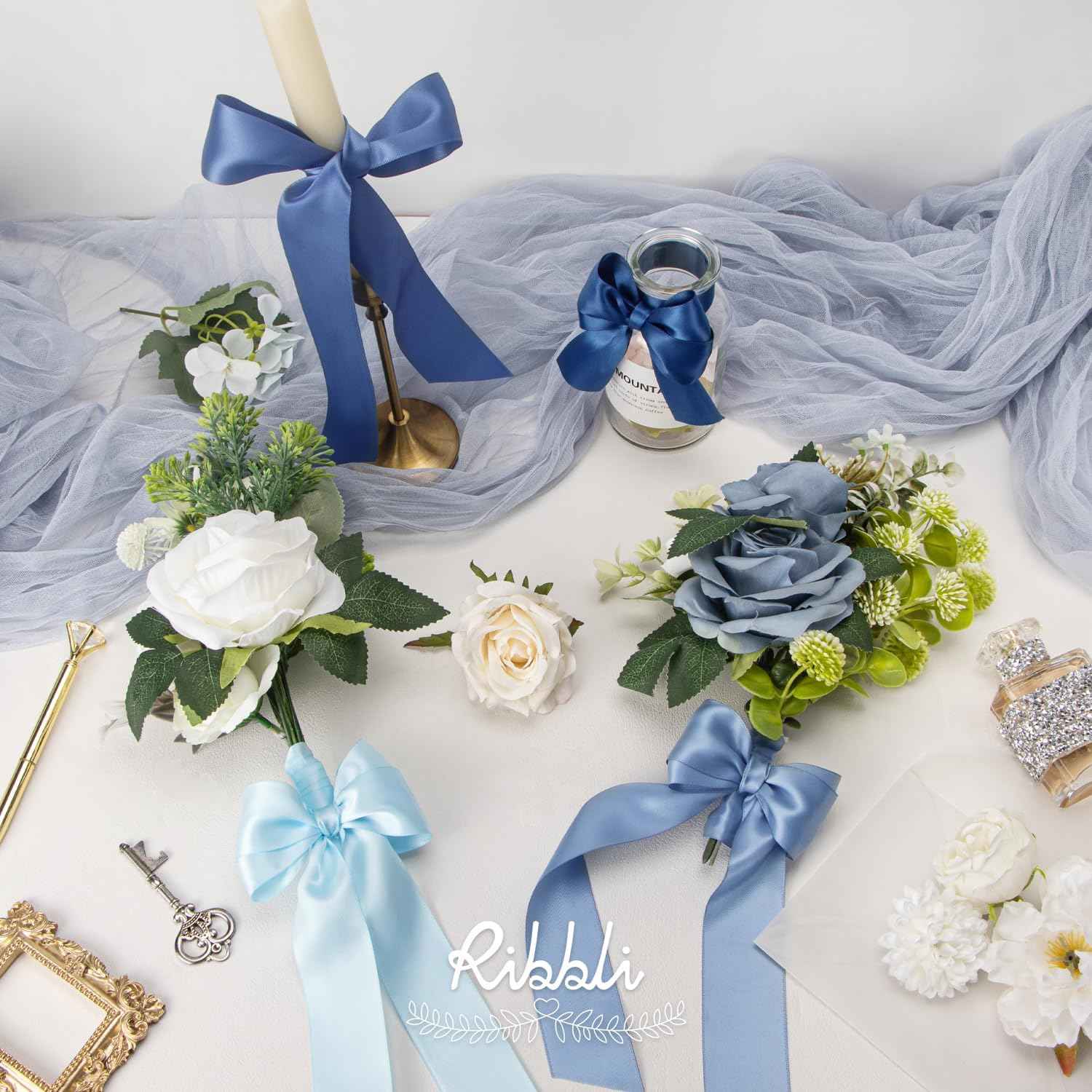 Ribbli Dusty Blue Satin Ribbon 1-1/2 Inch x 4 Rolls Total 40 Yards- Light Blue/Dusty Blue/Smoke Blue/Light Navy Ribbon for Gift Wrapping Craft Wedding Decoration