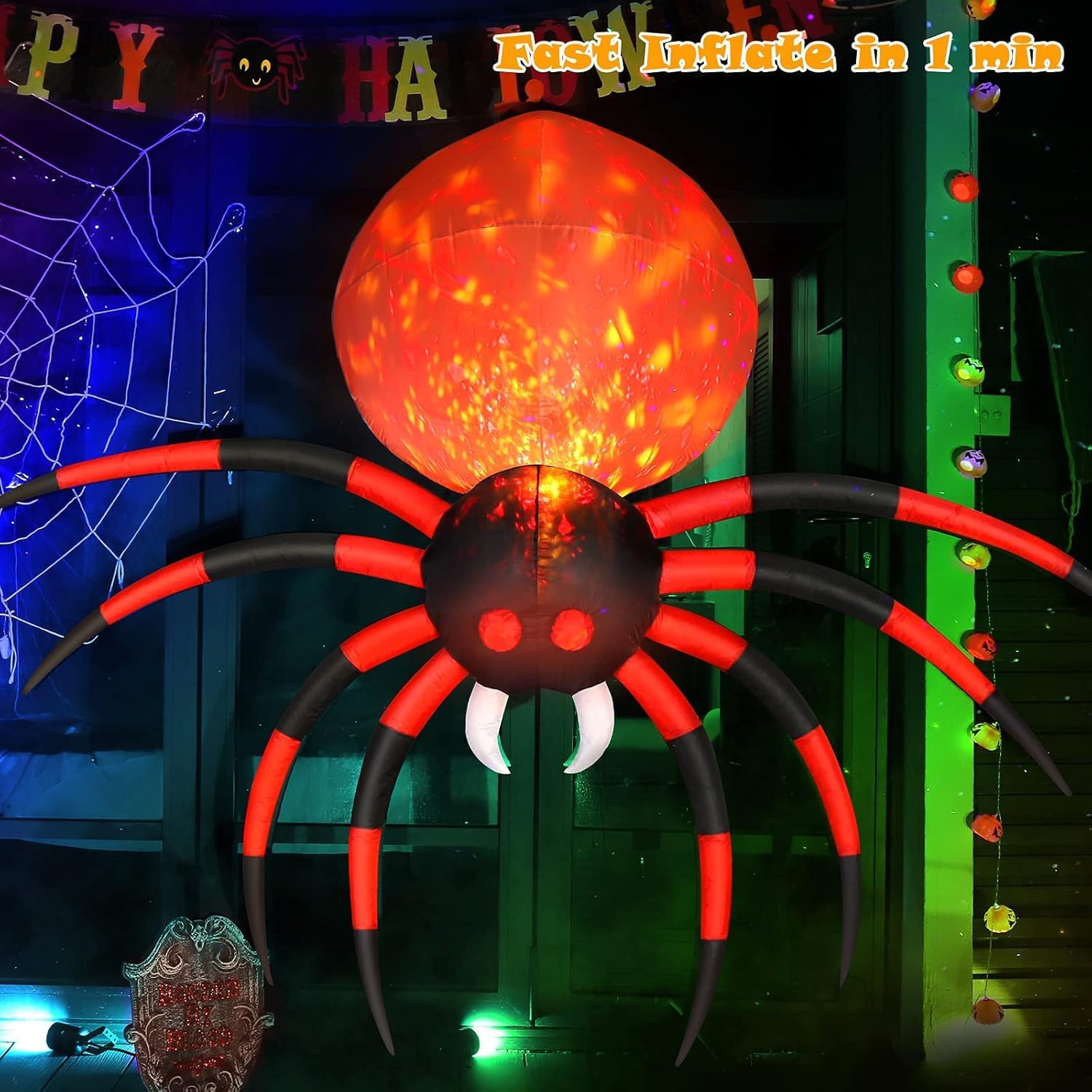8 FT Halloween Inflatable Spider Outdoor Yard Decor with LED Rotating Flame