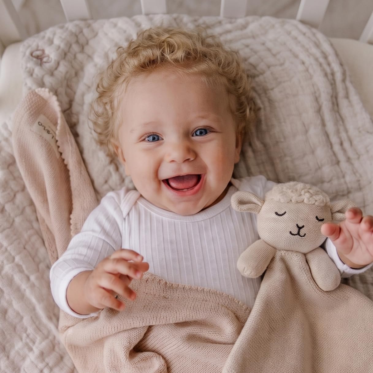 Baby Gift Set - Organic Cotton Newborn Blanket Essentials, Thoughtful Baby Shower & New Baby Gift for Boys & Girls (Lovey - Sheep - Oatmeal)