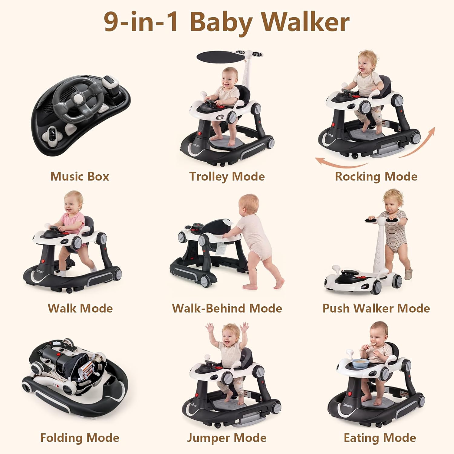 INFANS 9-in-1 Foldable Baby Walker with Handle, Sun Canopy, Dark