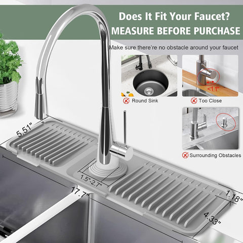 17.7-Inch Kitchen Sink Splash Guard Mat | 7° Slope for Fast Self-Draining | Snap-Lock Design | Universal & Cuttable Silicone Faucet Mat Gray