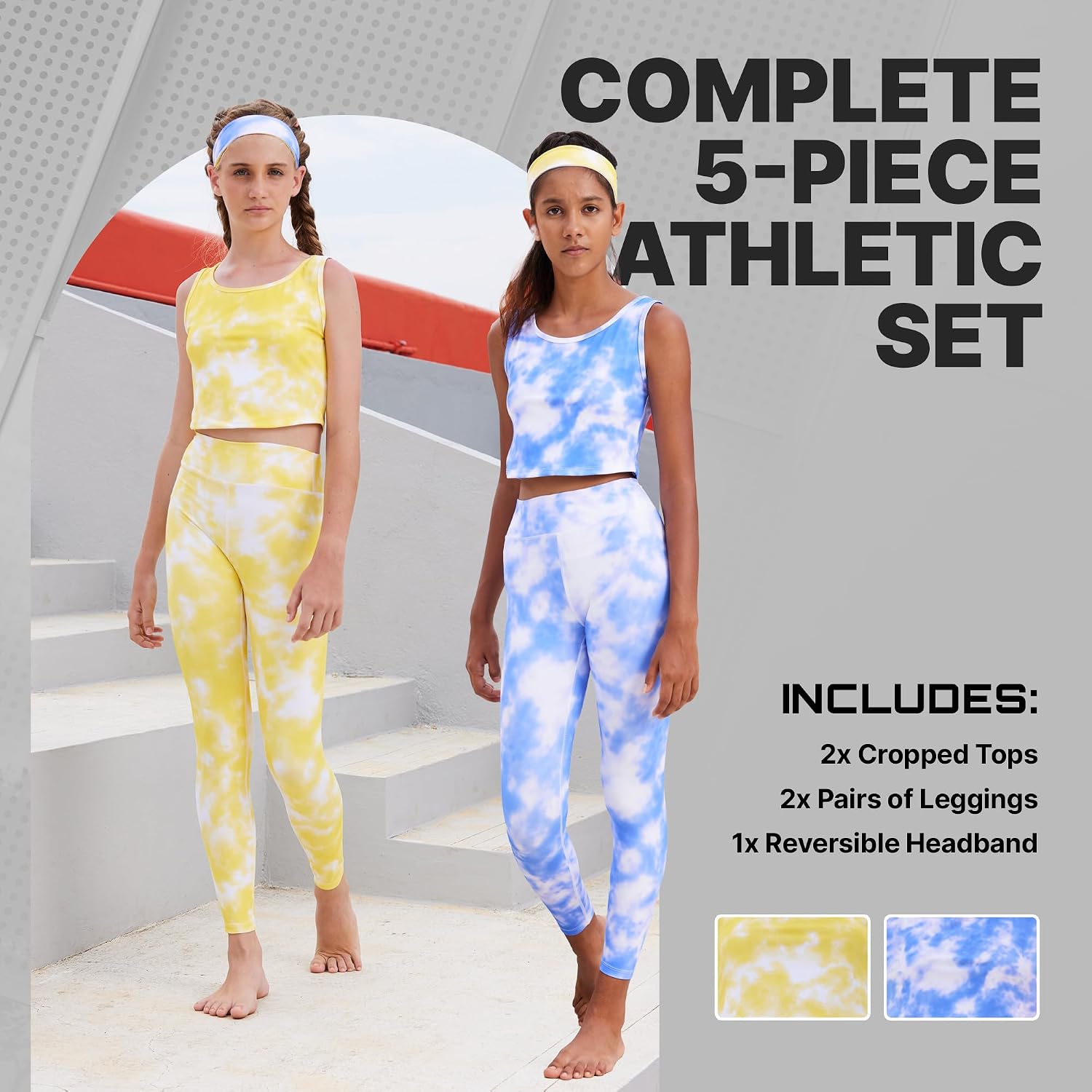 Girls Athletic Leggings Yoga Pants w/Sleeveless Crop Tank Tops for Kids Workout Cheer Dance Run Sizes 3-16, 5pc Set