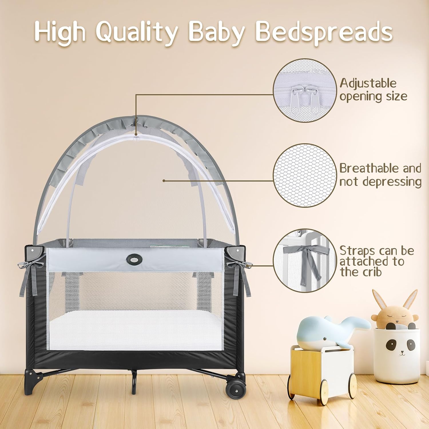 Crib Tent to Keep Baby from Climbing Out - Crib Net to Keep Baby in - Mesh Crib Climbing Prevention, Pop Up Baby Crib Tent, Two-Way Self-Locking Metal Zipper (Grey, Small)