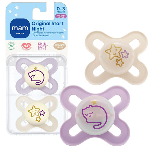MAM Original Start Baby Pacifiers 0-3 Months, Glow in The Dark, 2 Pack