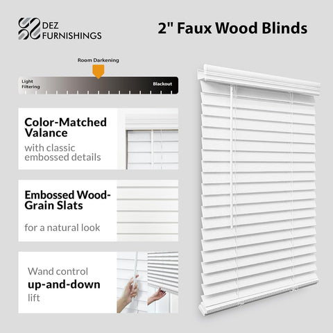 DEZ FURNISHINGS Cordless 2" Faux Wood Blind, 38" W x 64" H, White