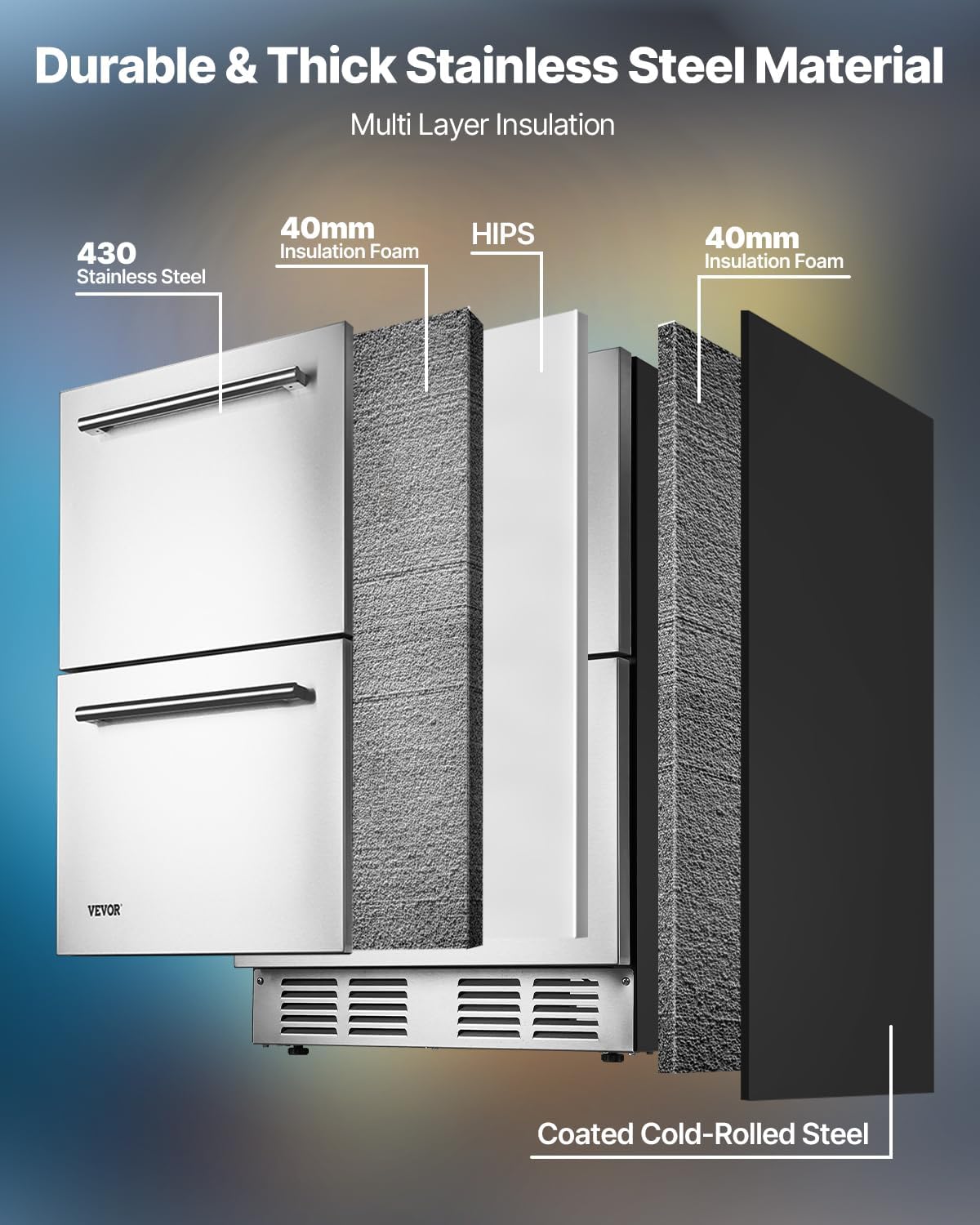 VEVOR Under Counter Drawer Refrigerator, 24 In Stainless Steel Fridge with Temperature Control, Dual Drawer Refrigerator with Powerful Compressor & LED Display, for Home, Office, and Commercial Use