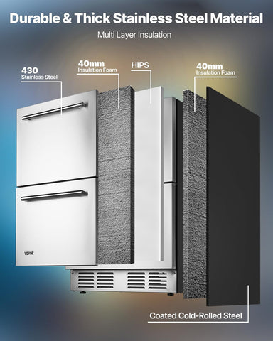 VEVOR Under Counter Drawer Refrigerator, 24 In Stainless Steel Fridge with Temperature Control, Dual Drawer Refrigerator with Powerful Compressor & LED Display, for Home, Office, and Commercial Use