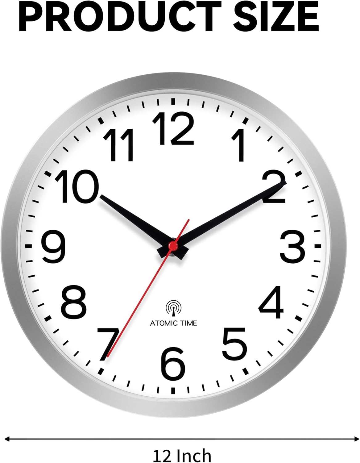 AKCISOT 12 Inch Wall Clock, Silent Battery Operated Analog Clock, Silver