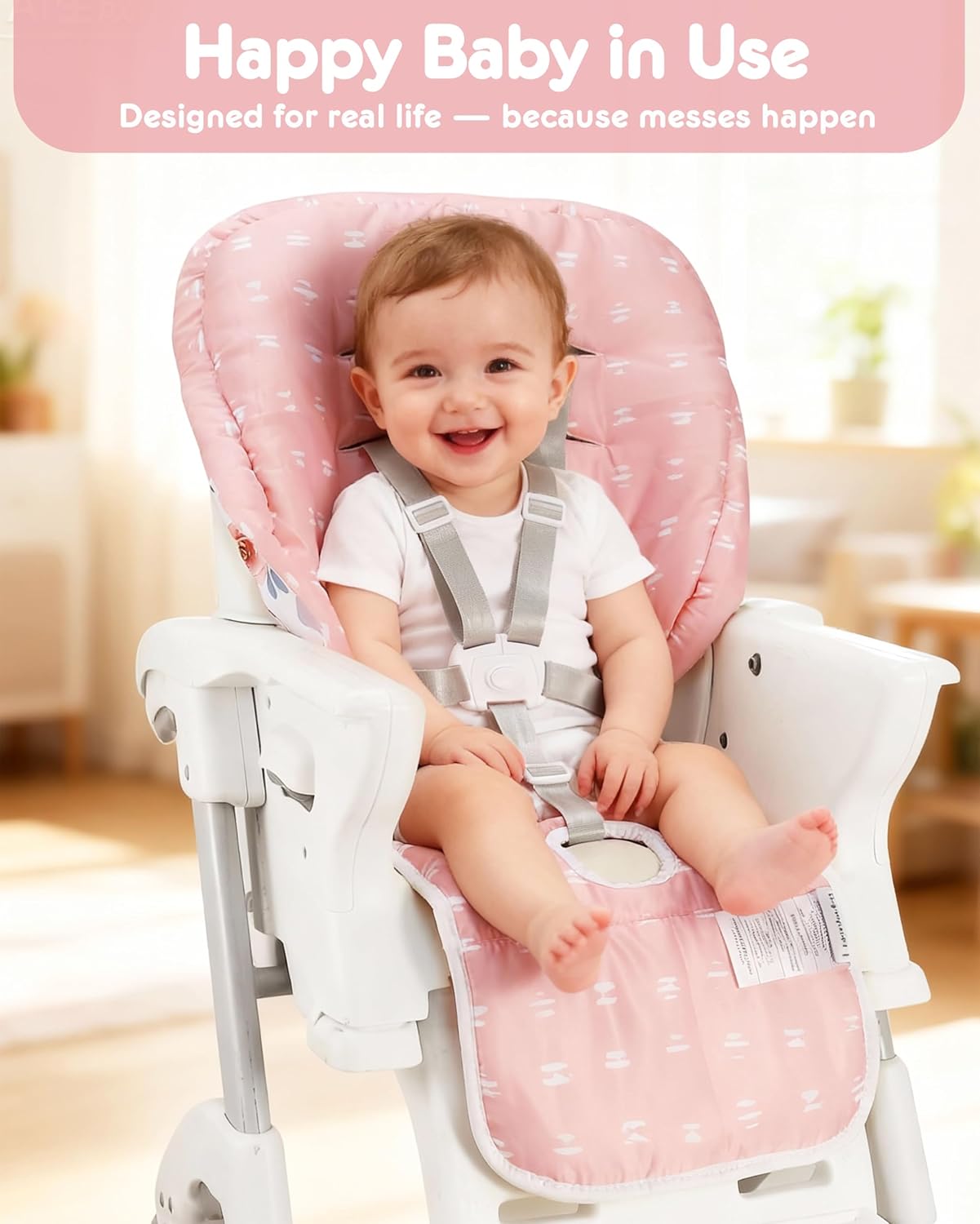 Baby High Chair Cover Replacement, Reversible & Waterproof High Chair Cushion Pad Home & Restaurant use, Includes 5-Point Harness Strap, Chair Not Included - Pink