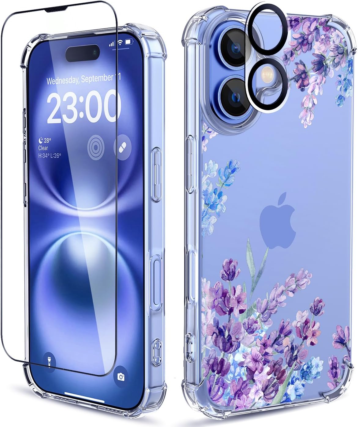 for iPhone 16 Plus Case with Screen Protector, Clear Floral Case