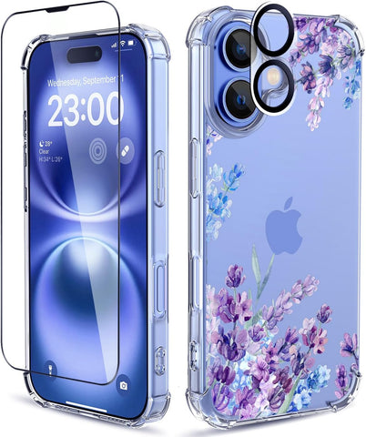 for iPhone 16 Plus Case with Screen Protector, Clear Floral Case