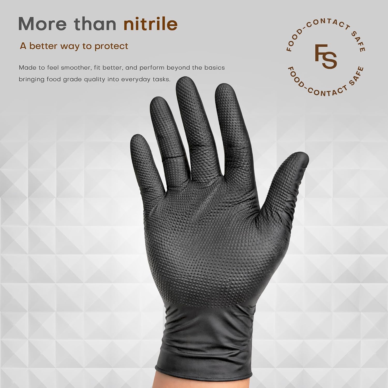 SUPER+ HEAVY DUTY Nitrile Gloves 8 Mil Diamond Texture Disposable Chemical Resistant Powder &Latex Free Food Safe Black 50 Ct