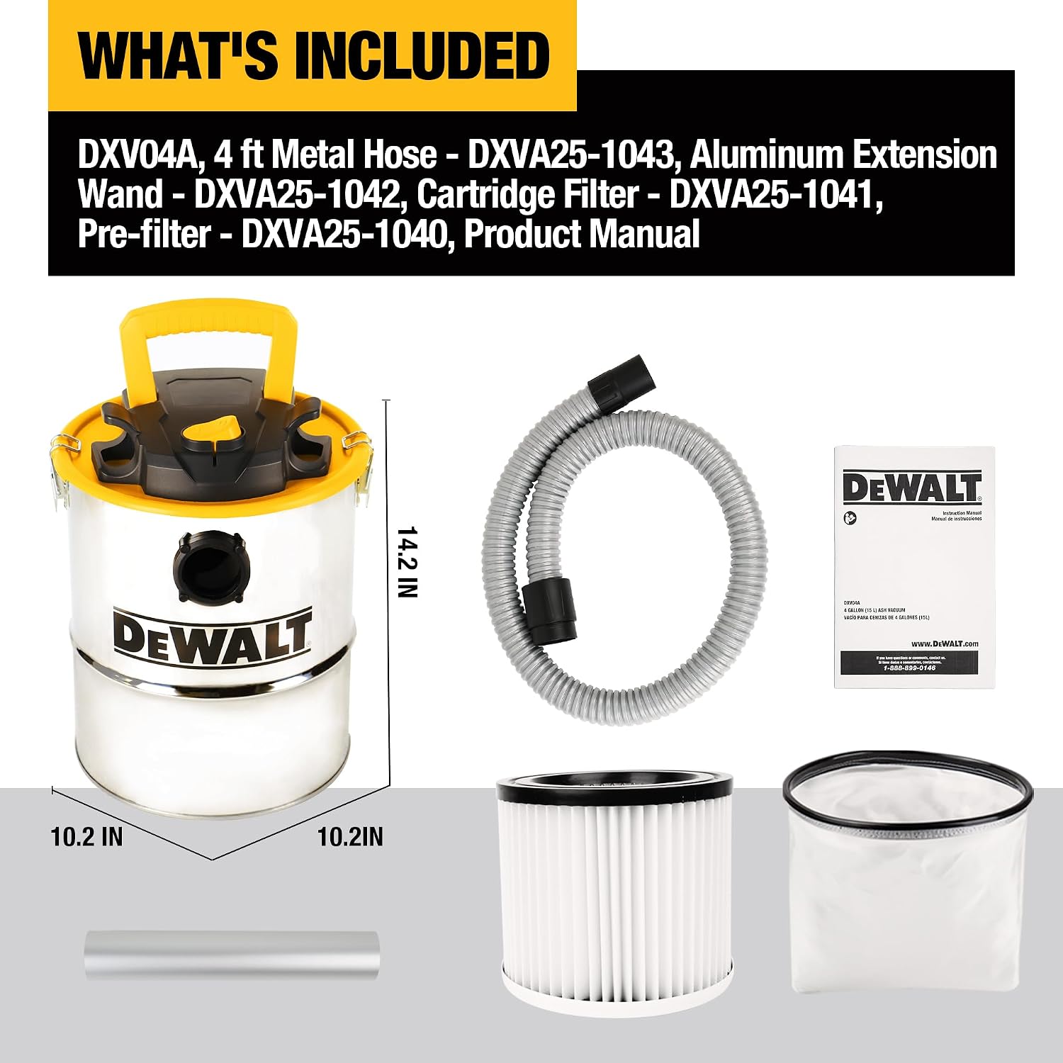 DEWALT 4 Gallon 4 HP Metal Ash Vacuum for Pellet Stoves, Fireplace DXV04A