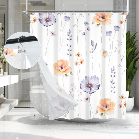 AWERT Floral Shower Curtain for Bathroom Violet Beige Flower Shower Curtain with Liner 3 in 1 Shower Curtain Set Clear PEVA Liner with 12 Rust Proof Hooks 70x70 inch