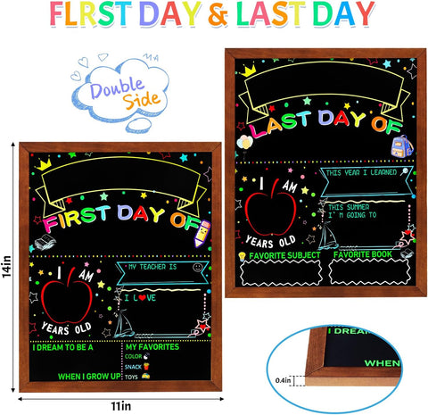Multiwins First and Last Day of School Double Sided Sign with Frame- 14”x11” Reusable Dry Erase Board with 6 Colorful Liquid Chalk Markers - Back to School Supplies for Kindergarten Preschool