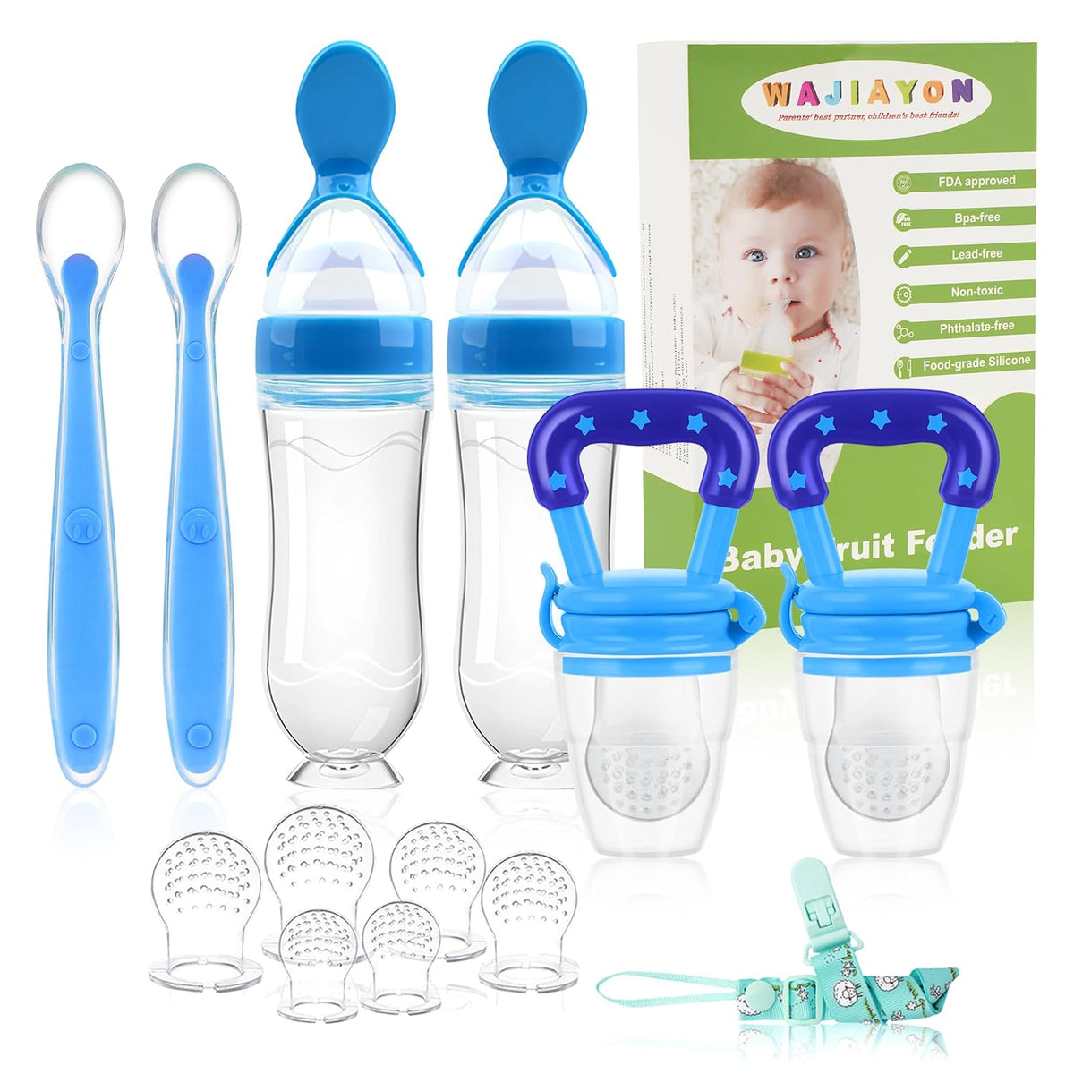 Baby Fruit Feeder Pacifier - 6 Pack | 2 Infant Food Pacifier & 2 Baby Food Dispensing Spoon | Fresh Fruit Teethers for Babies | Silicone Feeder Babies,Infant Teething Feeders (Blue)